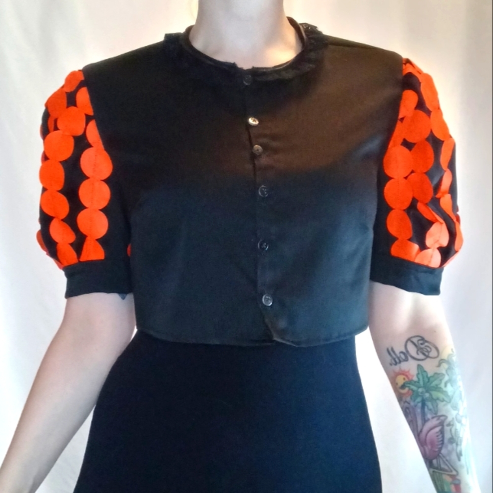 Black Puffy Sleeve Crop Top with Hand Painted Orange Circles.
